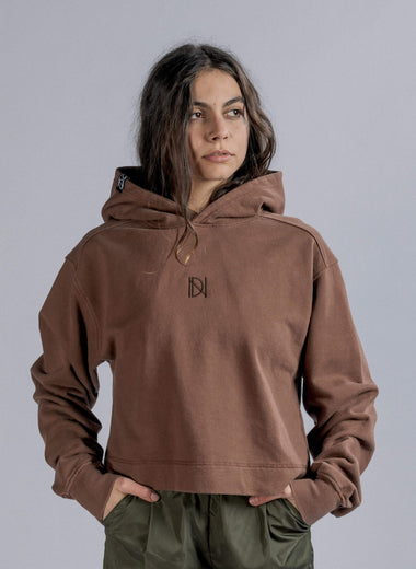 LOGO Embroidery Cropped Hoodie in Vintage Brown