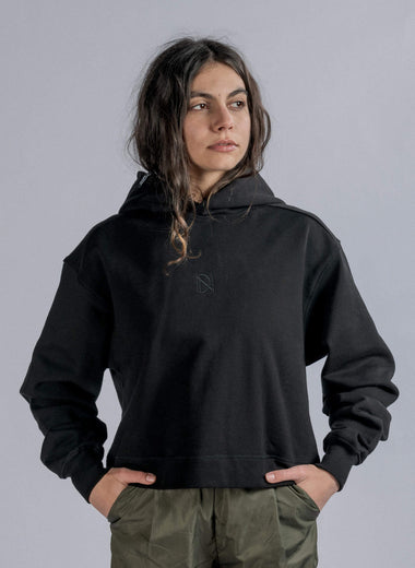 LOGO Embroidery Cropped Hoodie in Black